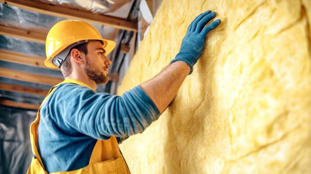 Un homme isole les murs d'une maison