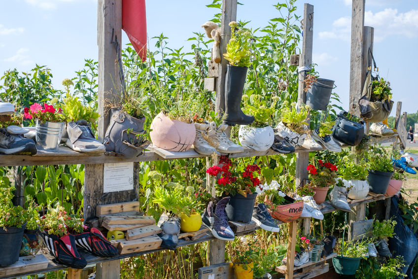 des chaussures utilisées comme pots de fleurs