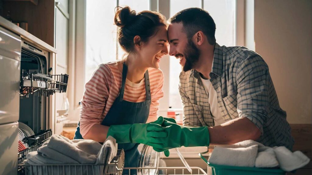 Un couple remplit son lave-vaisselle pour profiter des heures creuses